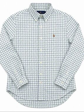Polo Ralph Lauren Custom Fit Oxford Button Down Plaid Shirt White Green Blue L